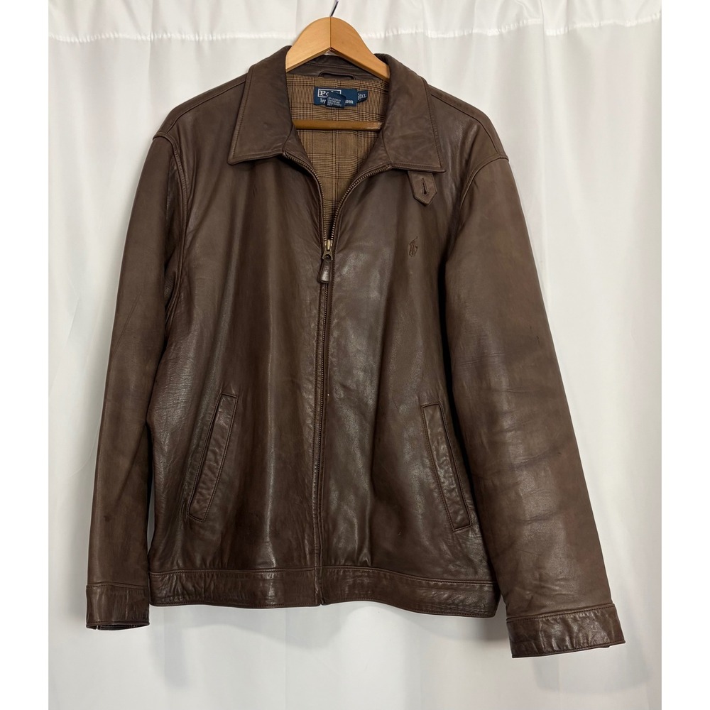 Vintage Polo Ralph Lauren Mens XL Brown Leather Bomber Jacket Full Zip Classic